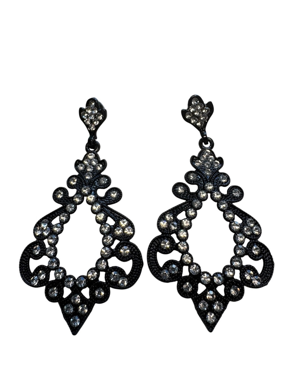 Vintage Style Black Filigree Chandelier Dangle Pierced Earrings with Rhinestones